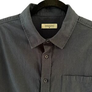 JEKAOYI Mens Navy Blue Cotton Linen Blend Short Sleeve Button Down Shirt Size M